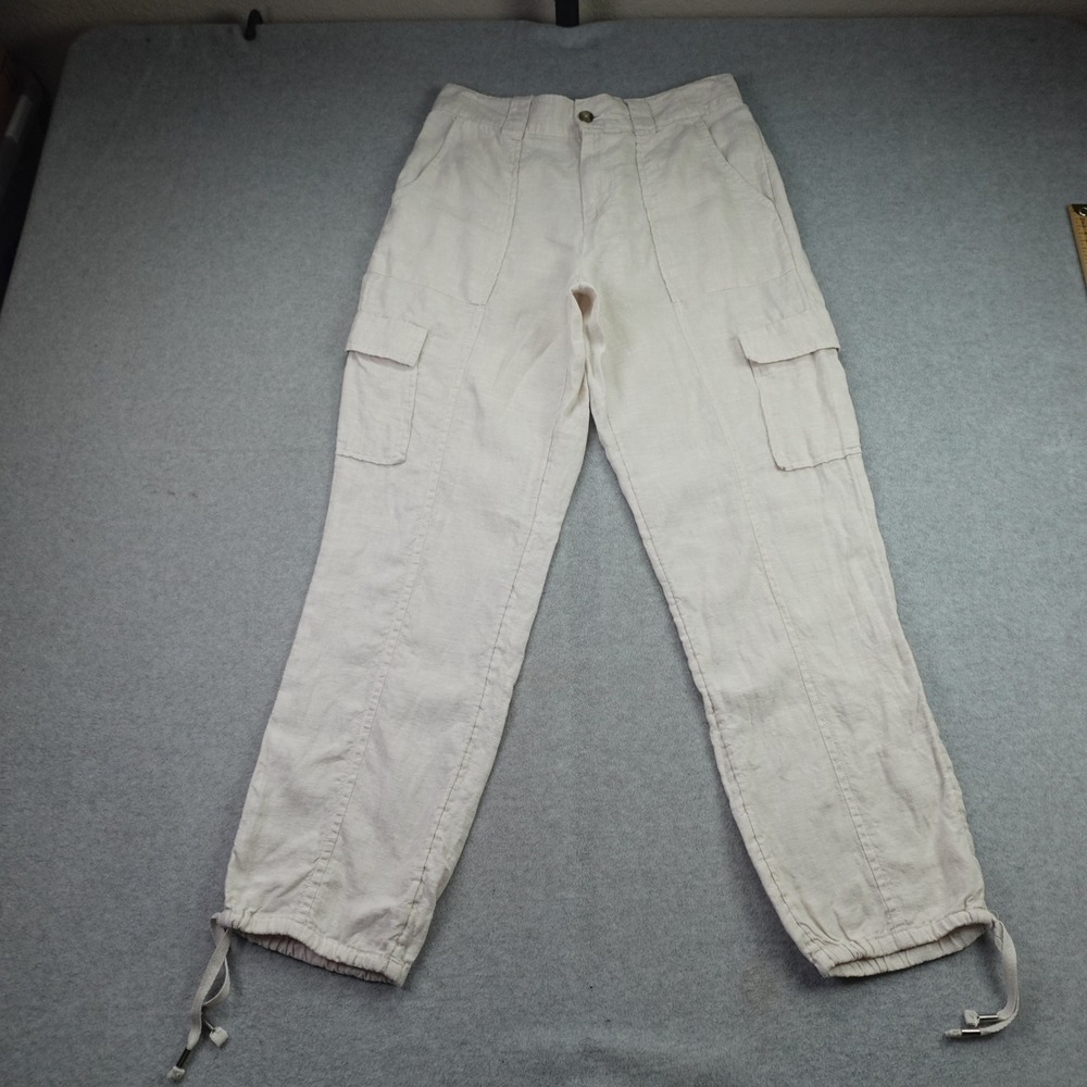 C&C California Pants Women Medium Beige Linen Casual Cargo Drawstring Hem